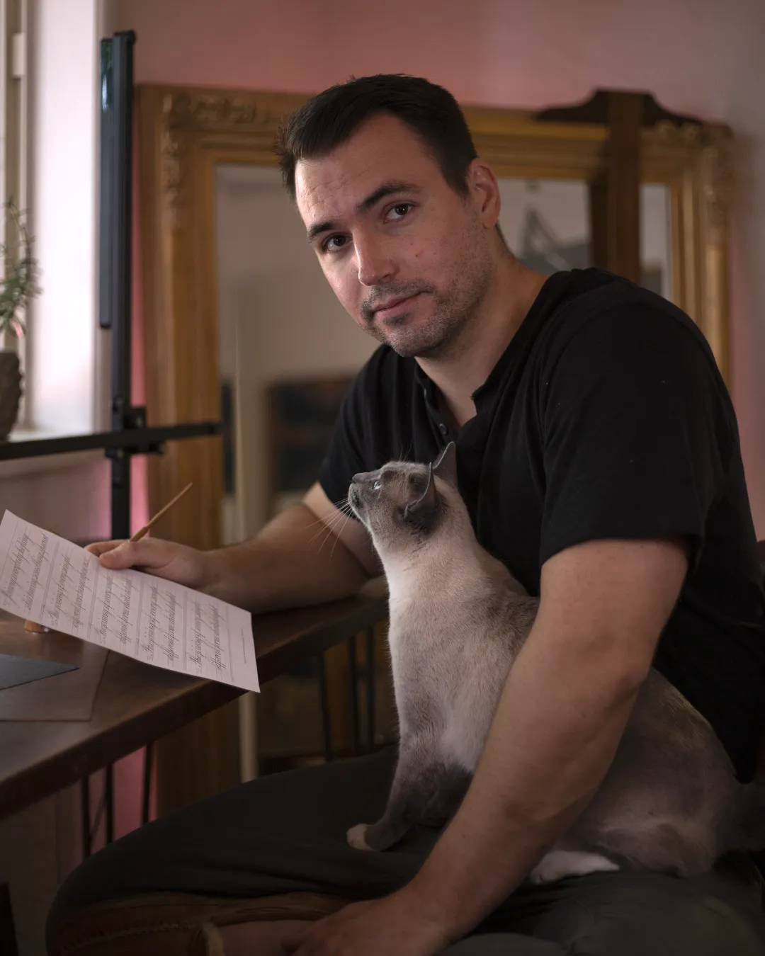 David and Baby at the drawing desk.