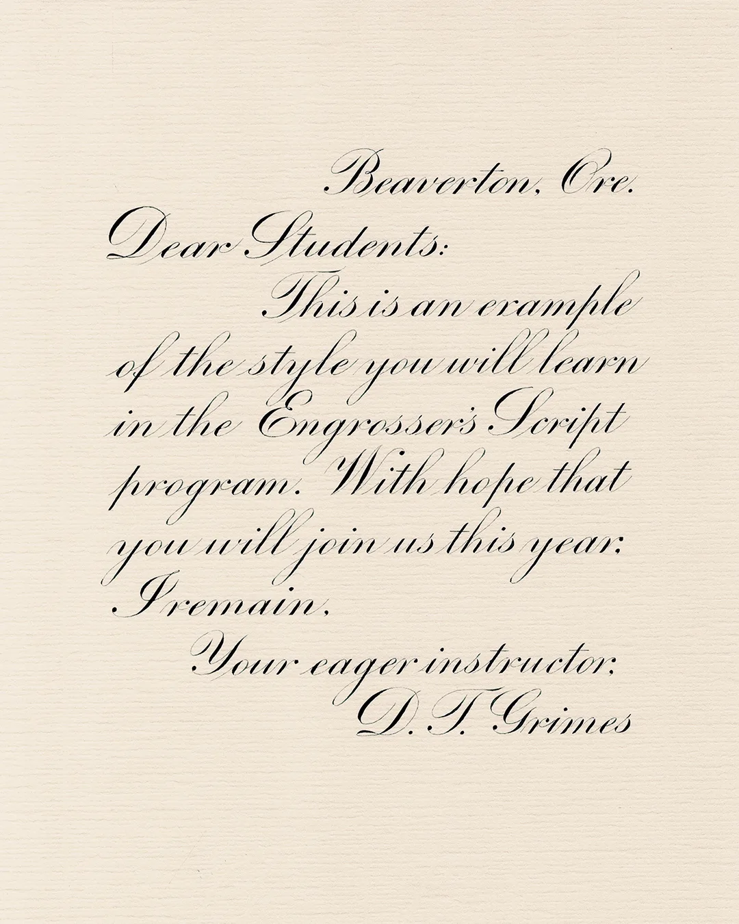 A Engroser's Script letter specimen by David Grimes.