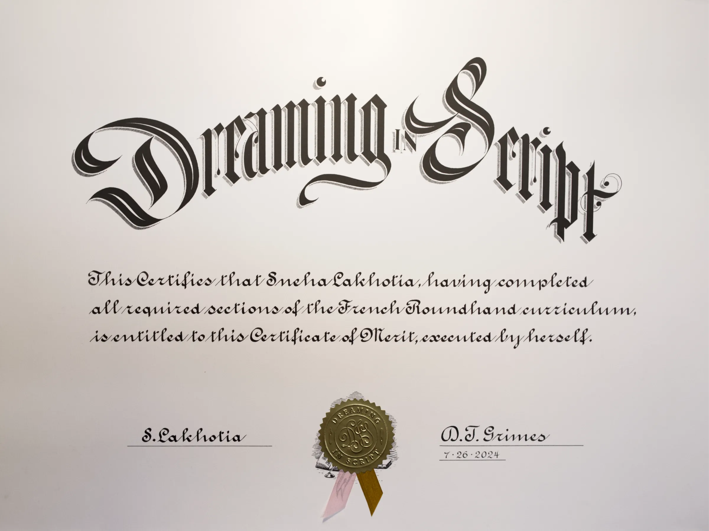 Sneha Lakhotia Certificate of Merit from Dreaming in Script.